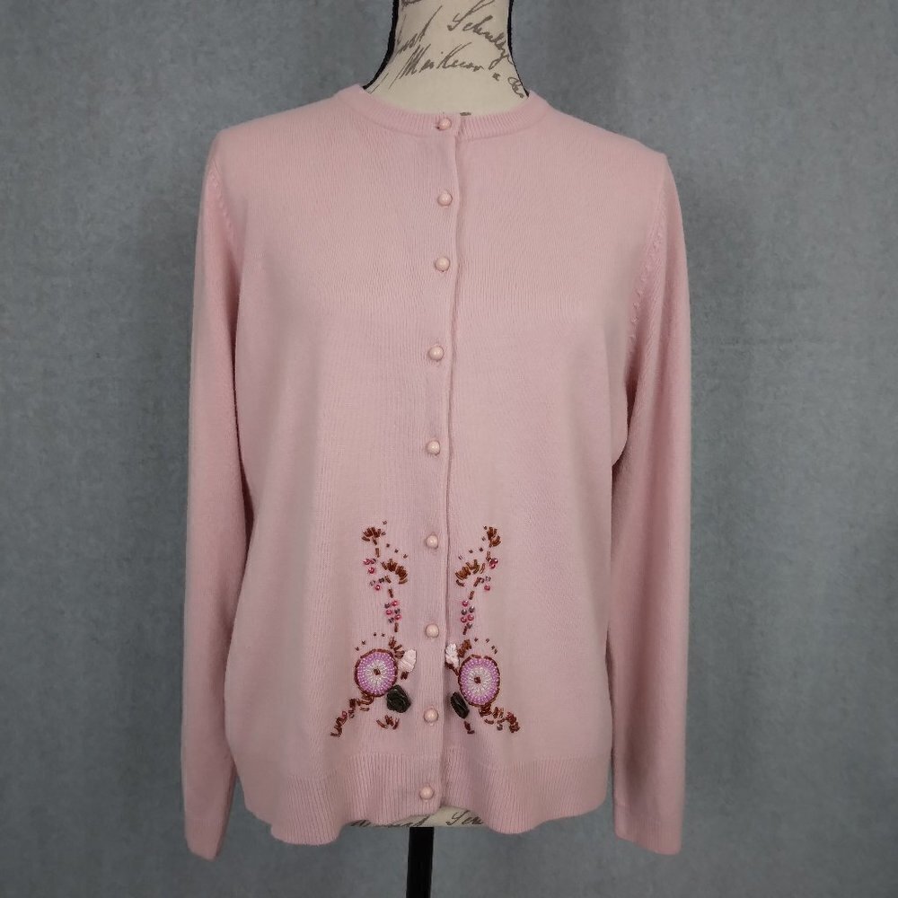 Vintage Pink Pastel Embroidered Beaded Applique Cardigan Sweater | Size L - Picture 2 of 10